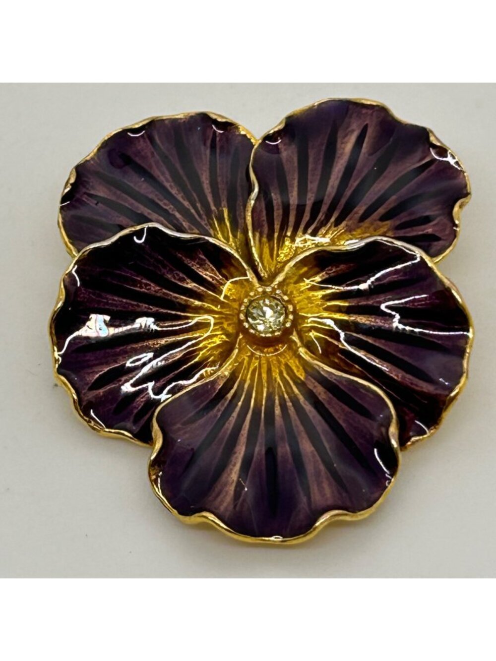 Purple Enamel Pansy Flower Pin By MMA Gold Gilded Vintage Jewelry USA Signed Col